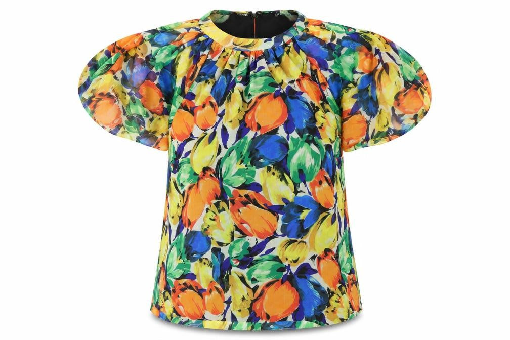Front view of Oasis women’s multicoloured floral polyester tunic blouse, size M, mock neck