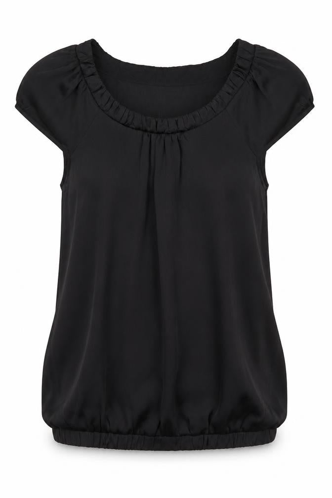 Front view of River Island women’s black polyester tunic blouse, size UK 8, scoop neck - elasticated waist