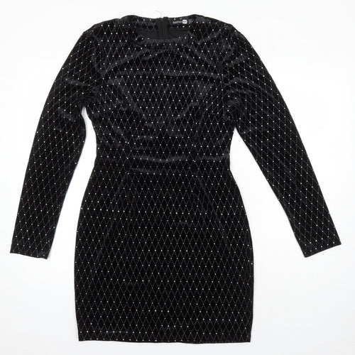 Boohoo Womens Black Geometric Polyester Bodycon Size 12 Round Neck