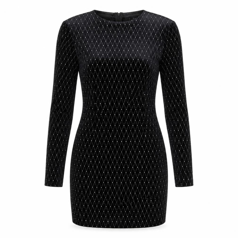 Front view of Boohoo women’s black geometric polyester bodycon, size UK 12, round neck