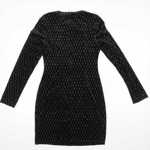 Boohoo Womens Black Geometric Polyester Bodycon Size 12 Round Neck