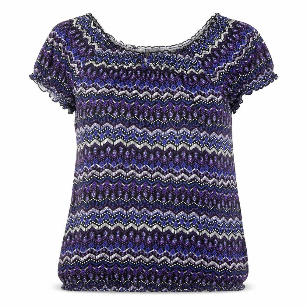 Front view of Bonmarché women’s multicoloured geometric polyester tunic blouse, size UK 14, boat neck - elasticated waist