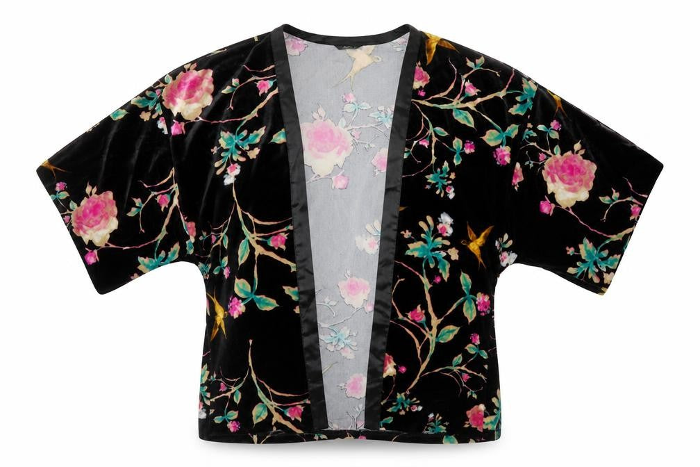 Front view of M&Co women’s multicoloured floral polyester kimono blouse, size UK 12, v-neck
