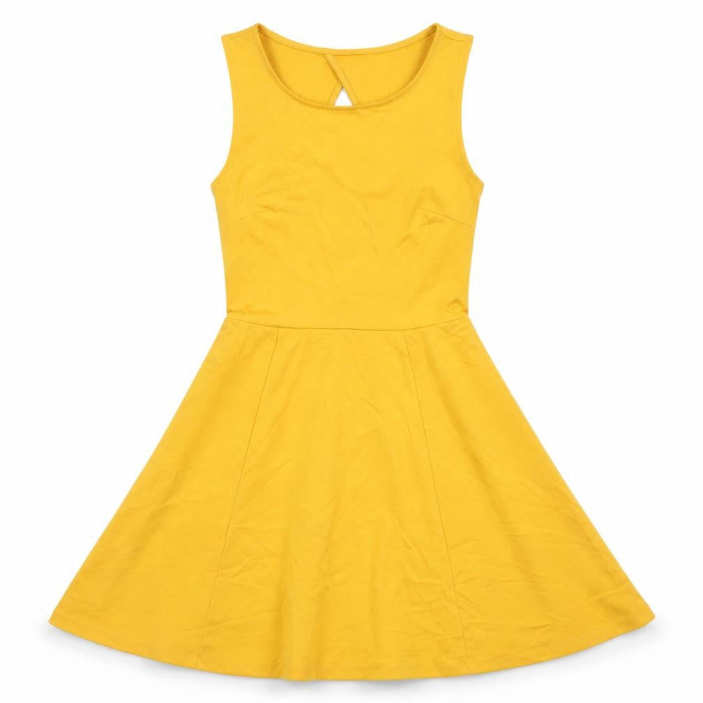 Front view of H&M women’s yellow polyester fit & flare, size XS, scoop neck