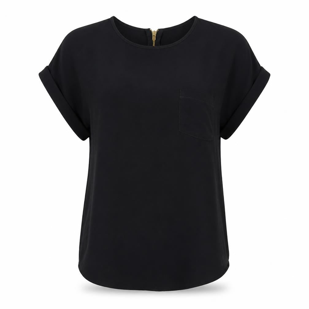 Front view of River Island women’s black polyester tunic blouse, size UK 8, round neck