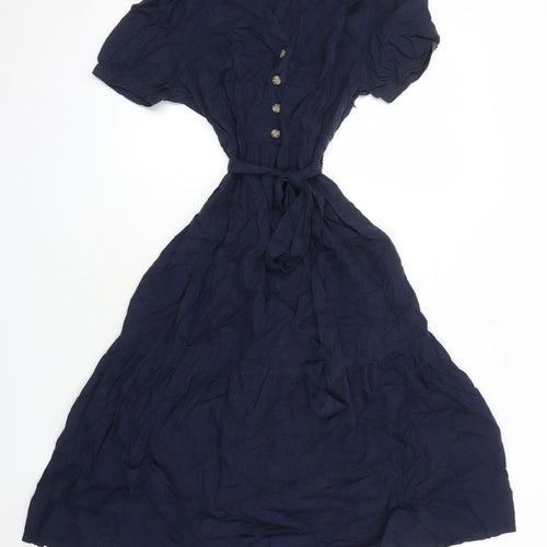 M&S Womens Blue Houndstooth Flax Shirt Dress Size 8 Sweetheart