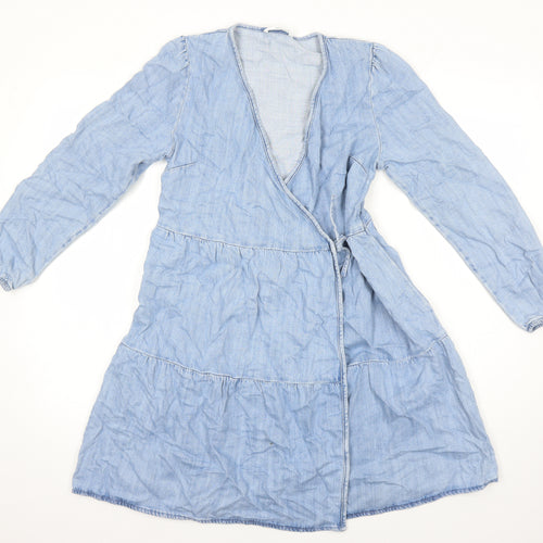 M&S Girls Blue Cotton Wrap Dress Size 12-13 Years V-Neck Tie