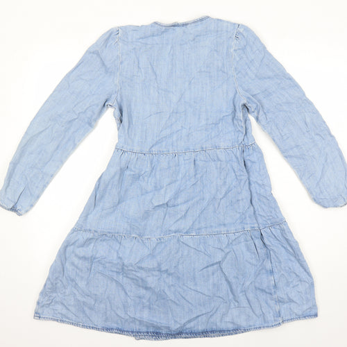 M&S Girls Blue Cotton Wrap Dress Size 12-13 Years V-Neck Tie