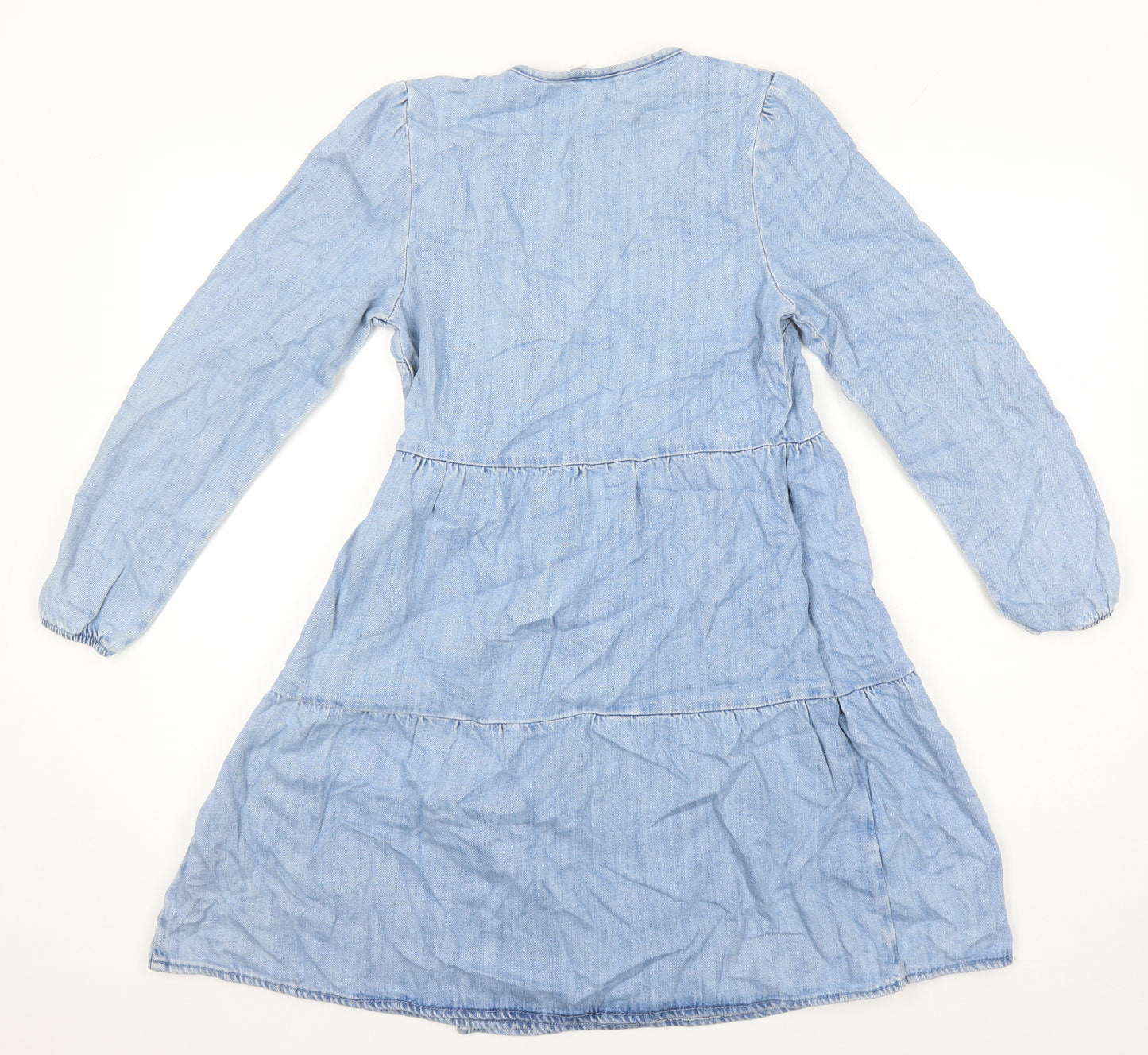 M&S Girls Blue Cotton Wrap Dress Size 12-13 Years V-Neck Tie