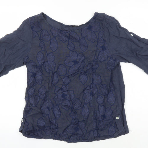Lungo Larno Womens Blue Linen Tunic Blouse Size L Round Neck - Embroidered Detail