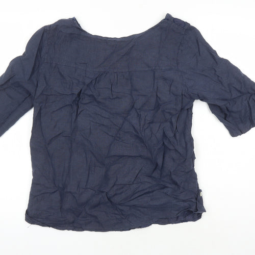 Lungo Larno Womens Blue Linen Tunic Blouse Size L Round Neck - Embroidered Detail