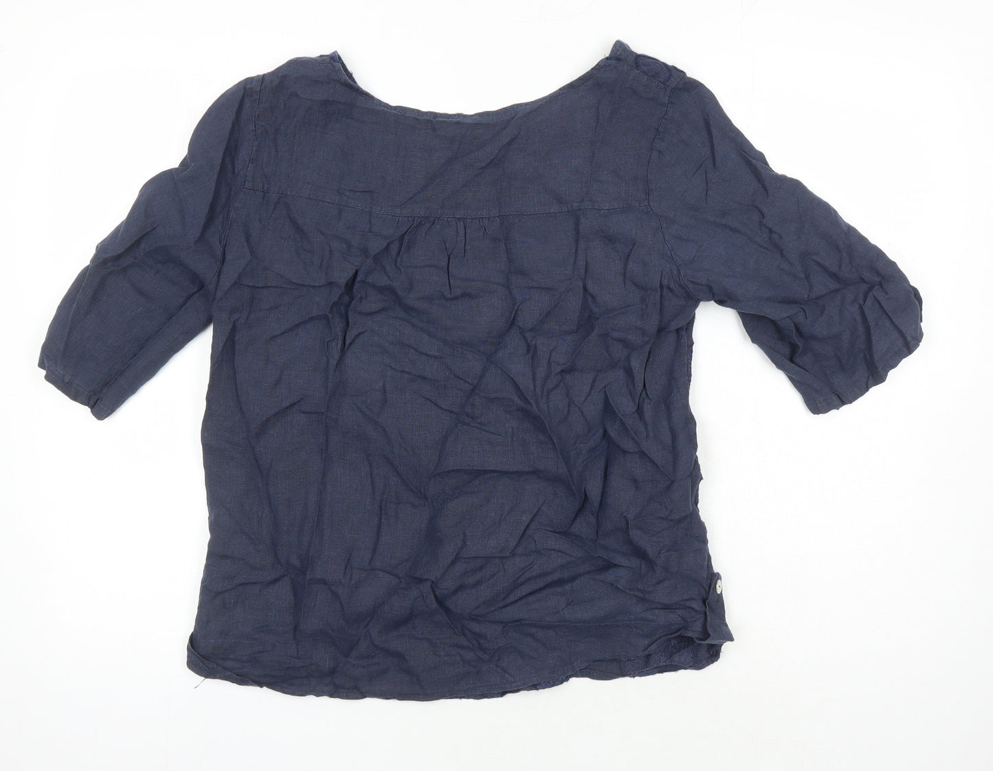 Lungo Larno Womens Blue Linen Tunic Blouse Size L Round Neck - Embroidered Detail