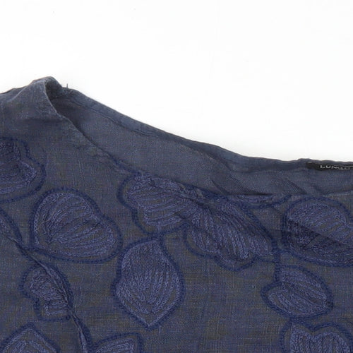 Lungo Larno Womens Blue Linen Tunic Blouse Size L Round Neck - Embroidered Detail
