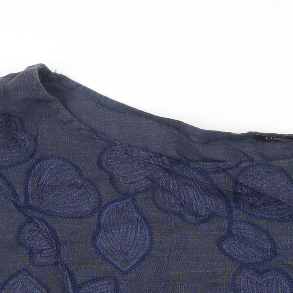 Lungo Larno Womens Blue Linen Tunic Blouse Size L Round Neck - Embroidered Detail
