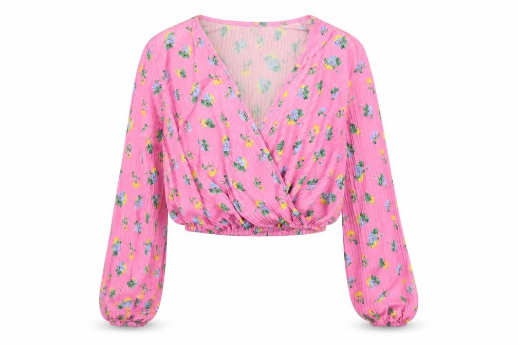 Front view of ASOS women’s multicoloured floral polyester cropped blouse, size UK 8, v-neck