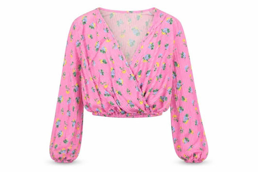 Front view of ASOS women’s multicoloured floral polyester cropped blouse, size UK 8, v-neck
