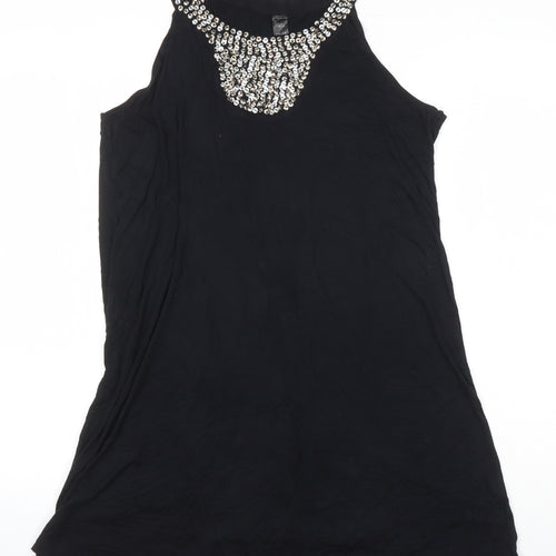 M&Co Womens Black Viscose Tunic Tank Size 10 Boat Neck - Sequin Detail