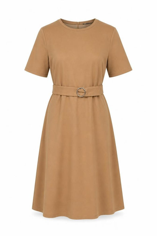 Front view of Zara women’s beige polyester a-line, size S, round neck pullover