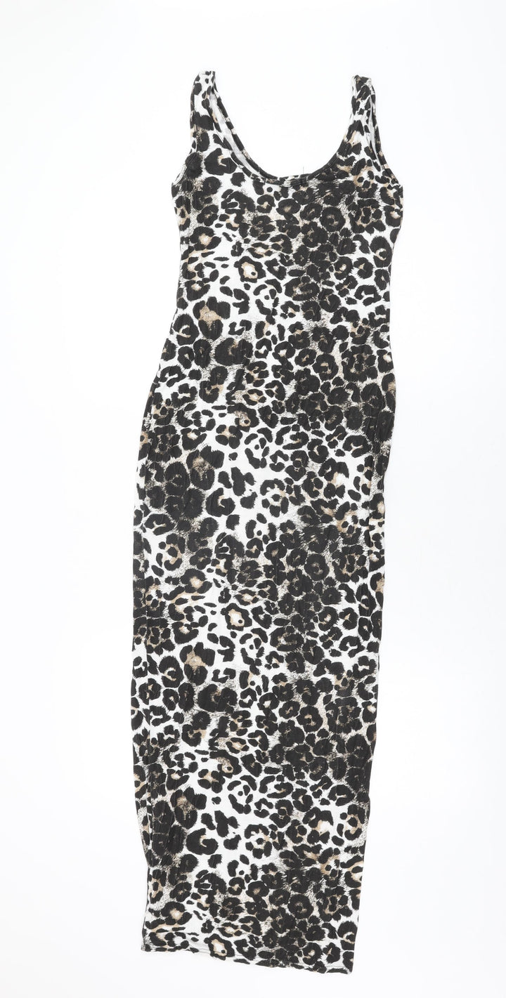 Boohoo Womens White Animal Print Polyester Bodycon Size 6 Scoop Neck Pullover
