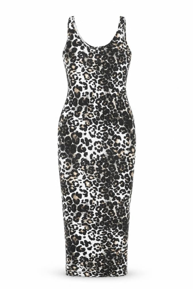 Front view of Boohoo women’s white animal print polyester bodycon, size UK 6, scoop neck pullover