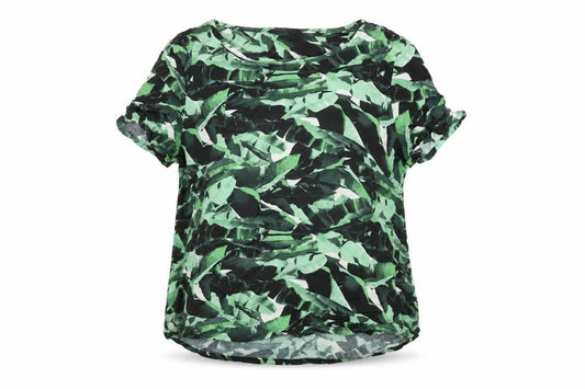 Front view of Viz-A-Viz women’s green geometric viscose basic t-shirt, size M, round neck