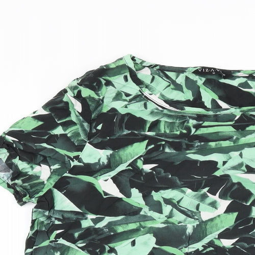 Viz-A-Viz Womens Green Geometric Viscose Basic T-Shirt Size M Round Neck