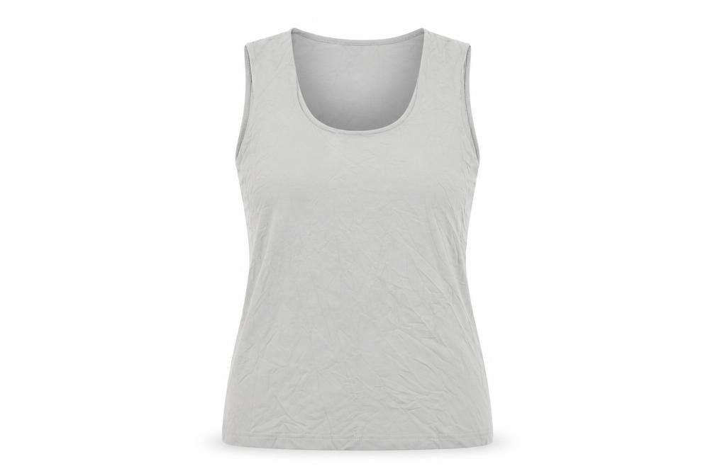 Front view of YAYA women’s grey polyamide basic t-shirt, size M, square neck