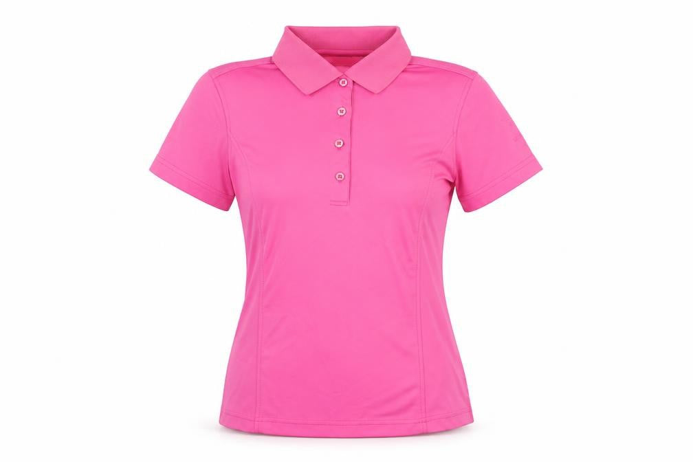 Front view of Monterey women’s pink polyester basic t-shirt, size S, collared