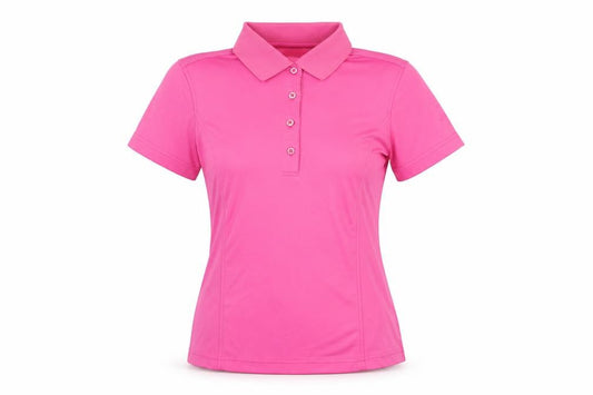 Front view of Monterey women’s pink polyester basic t-shirt, size S, collared