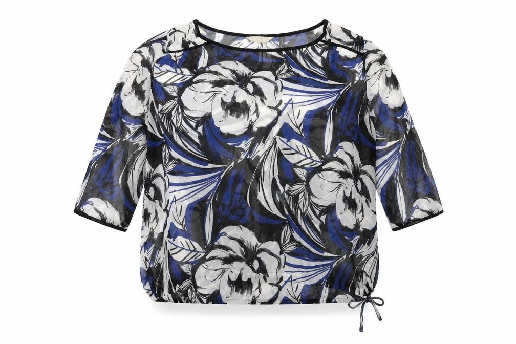 Front view of Anthology women’s blue floral polyester basic blouse, size UK 16, round neck