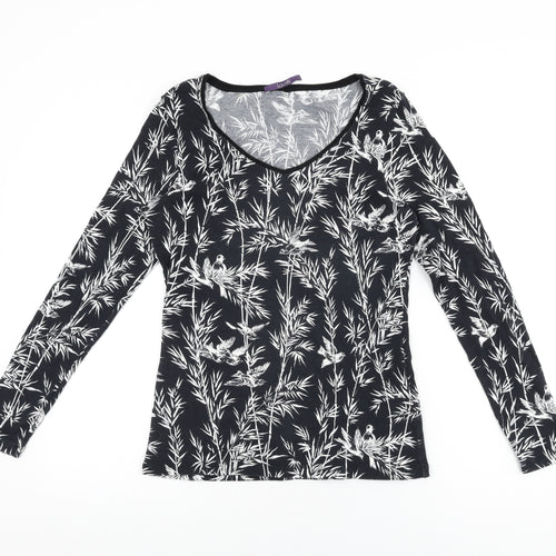 Laurel Womens Black Geometric Cotton Basic T-Shirt Size 10 Round Neck
