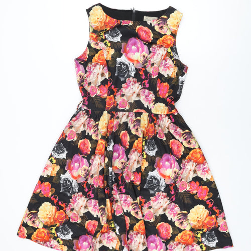 Lindy Bop Womens Black Floral Polyester A-Line Size 10 Boat Neck Zip