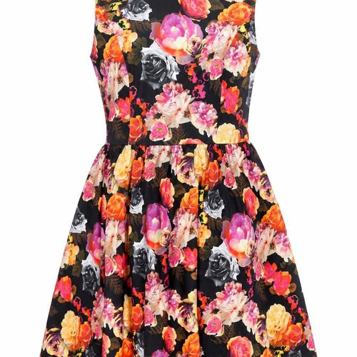 Lindy Bop Womens Black Floral Polyester A-Line Size 10 Boat Neck Zip