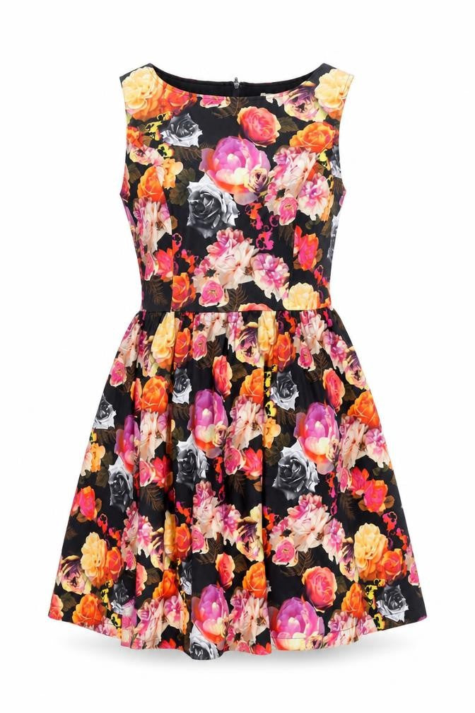 Lindy Bop Womens Black Floral Polyester A-Line Size 10 Boat Neck Zip