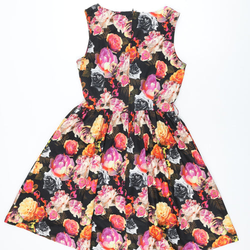 Lindy Bop Womens Black Floral Polyester A-Line Size 10 Boat Neck Zip