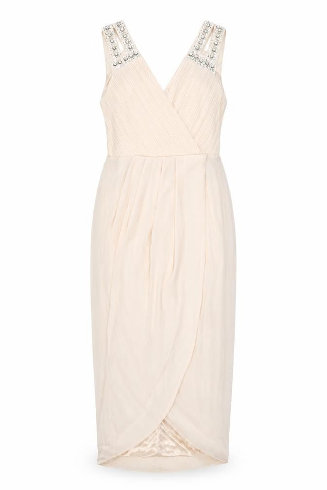 Front view of TFNC London women’s pink polyester bodycon, size UK 8, v-neck zip