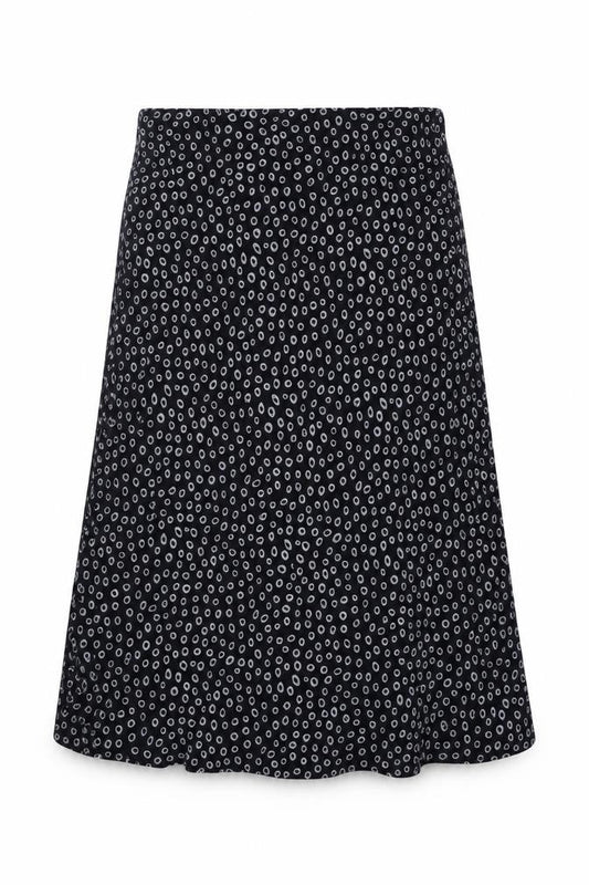 Front view of Bonmarché women’s black geometric viscose flare skirt, size UK 14