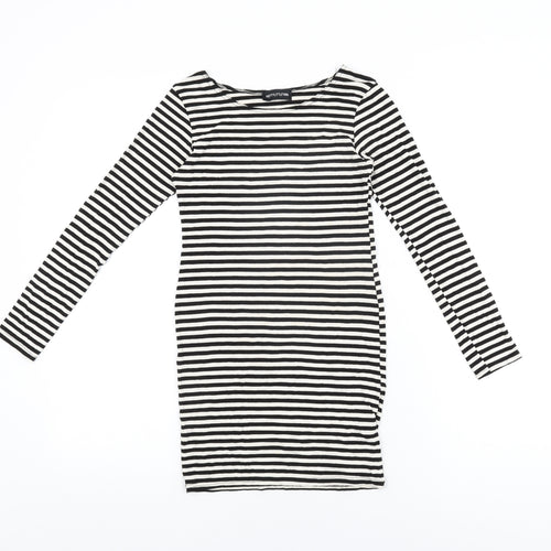 PRETTYLITTLETHING Womens White Striped Viscose Bodycon Size 8 Round Neck Pullover