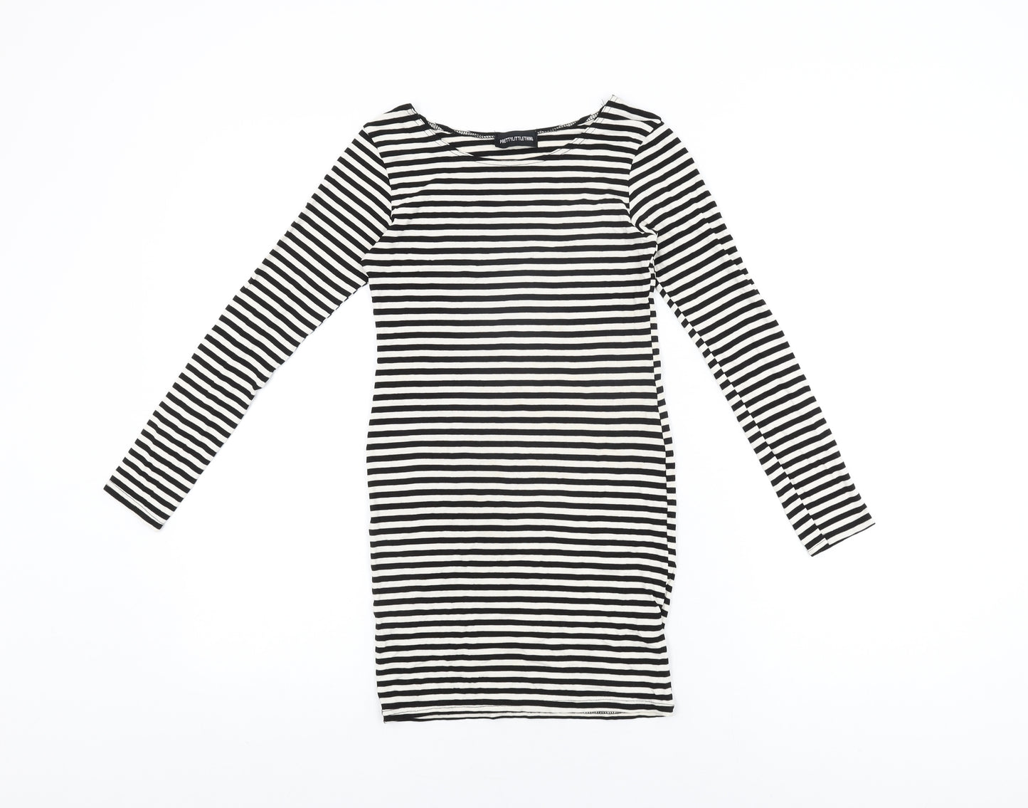 PRETTYLITTLETHING Womens White Striped Viscose Bodycon Size 8 Round Neck Pullover