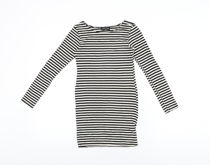 PRETTYLITTLETHING Womens White Striped Viscose Bodycon Size 8 Round Neck Pullover
