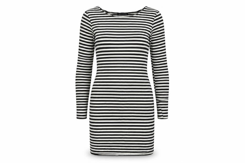 Front view of PRETTYLITTLETHING women’s white striped viscose bodycon, size UK 8, round neck pullover