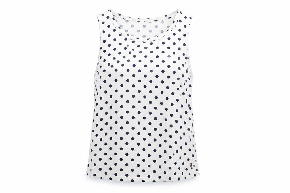 Front view of Sfera women’s white polka dot cotton basic tank, size L, round neck