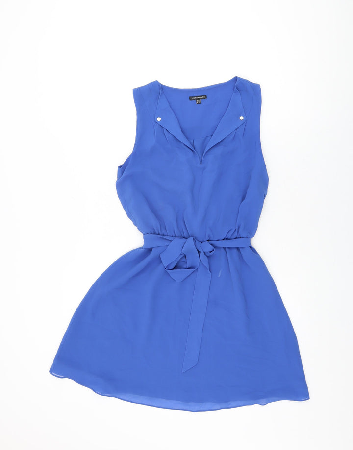 Warehouse Womens Blue Polyester Skater Dress Size 6 V-Neck Pullover