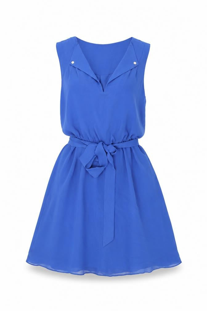 Front view of Warehouse women’s blue polyester skater dress, size UK 6, v-neck pullover