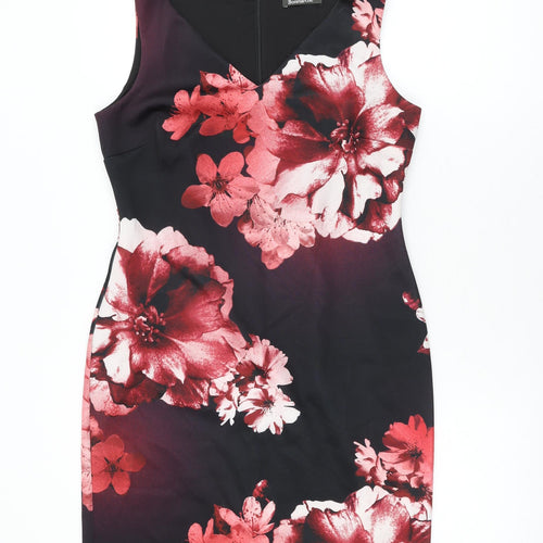 Bonmarché Womens Black Floral Polyester Bodycon Size 12 V-Neck Zip