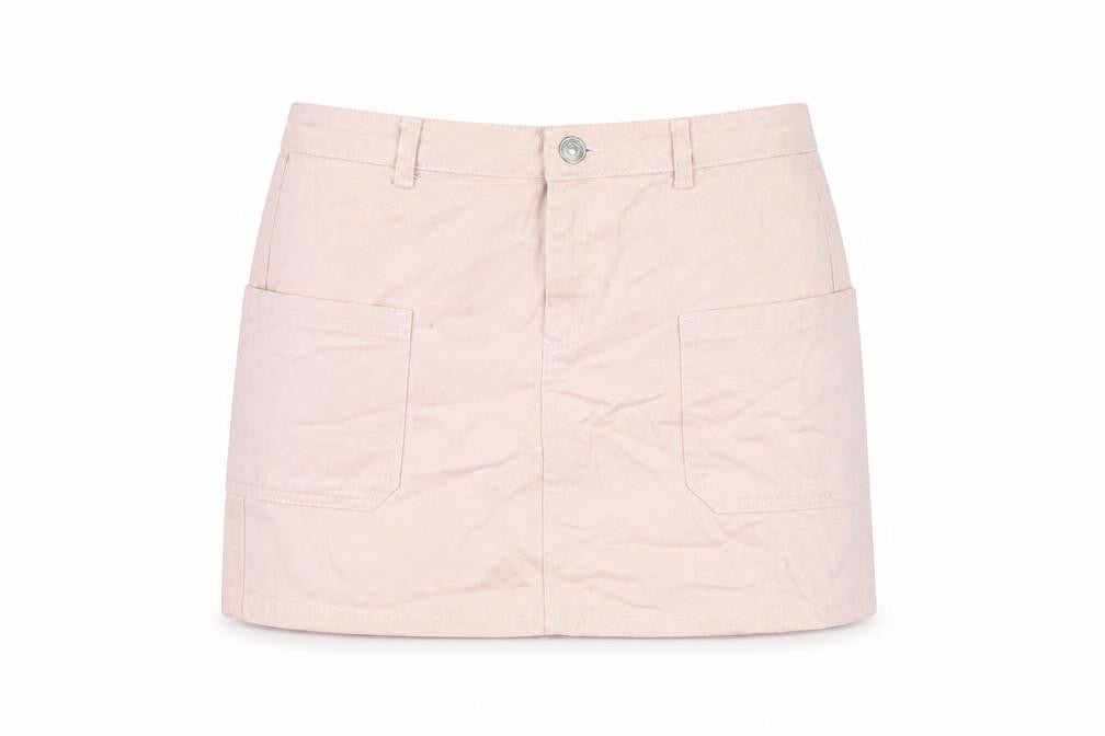 Front view of BDG women’s pink cotton mini skirt, size S, zip