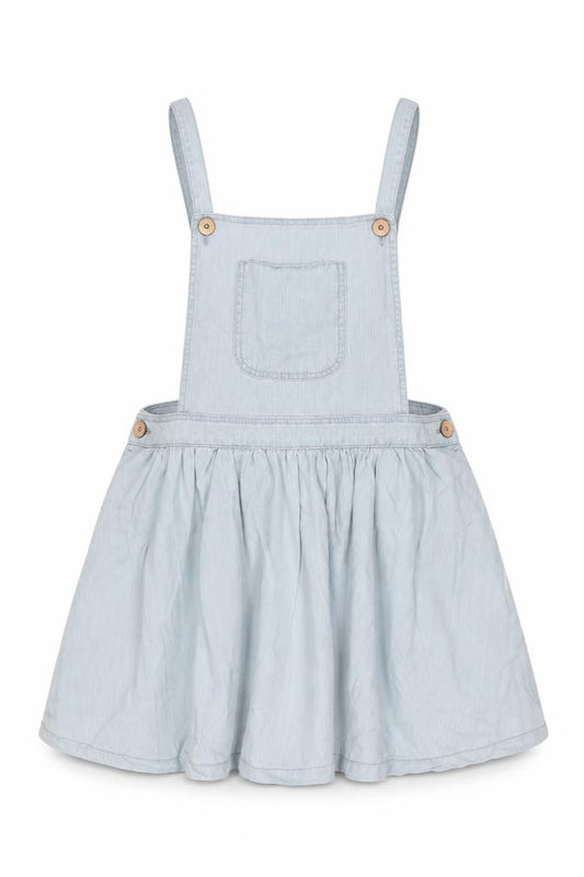 Front view of Denim & Co. women’s blue cotton pinafore/dungaree dress, size UK 14, square neck button