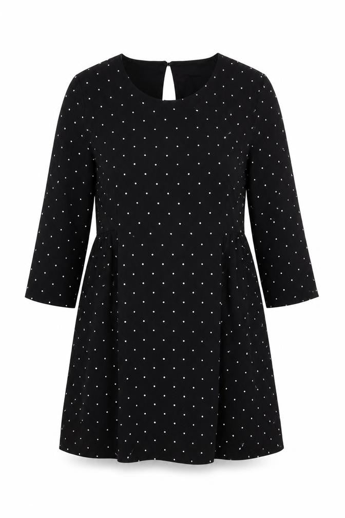 Front view of Vero Moda women’s black polka dot polyester shift, size M, round neck button
