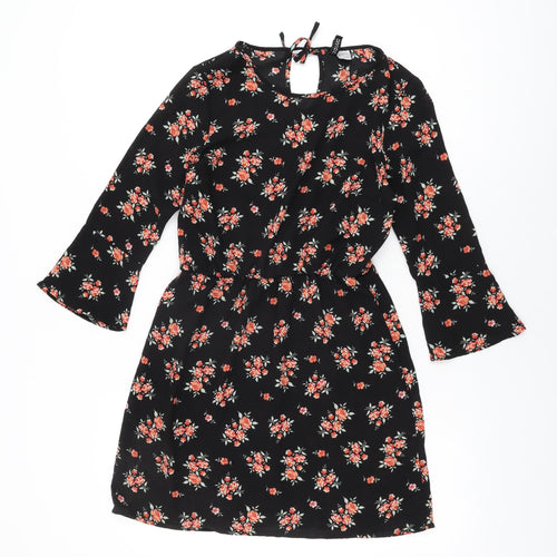 H&M Womens Black Floral Polyester Skater Dress Size 6 Round Neck Tie