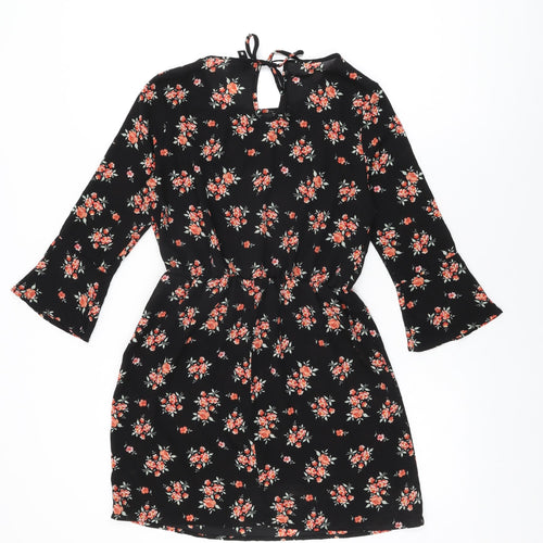 H&M Womens Black Floral Polyester Skater Dress Size 6 Round Neck Tie